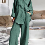 Nadorine Casual Retro Two-Piece Sets Long Sleeve Loose Shirt and Elastic Waist Wide Leg Pants