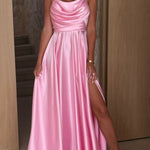 Solid Color Suspender Back Pleated Elegant Slit Full Hem Maxi Dress