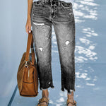High Waisted Straight Leg Ripped Boyfriend Jeans Frayed Ankle Denim Pants
