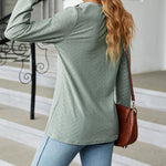 Solid Color V-Neck Buttoned Jacquard Loose-Fitting Long-Sleeved T-Shirt Top
