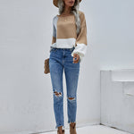 Knitted Color Block Pullover Lightweight Loose Casual Sweater