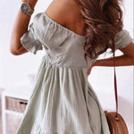 Off Shoulder Summer Casual Dresses Solid Loose Fit Short Flowy Pleated Dress Swing Beach Sundress