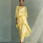 Women's Yellow Chiffon Loose-sleeved Top And Layered Skirt Set