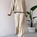 Nadorine Casual Two Piece Set Contrast Color Sweater Top & Wide Leg Pants