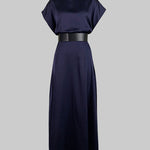 Loose Raglan Sleeve Solid Color Split-Joint Tied Waist High Neck Maxi Dresses