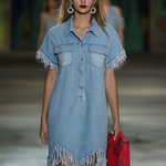 Casual Loose Vintage Denim Short Sleeve Shirt Tassel Mini Dress