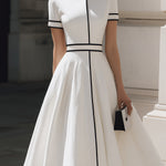 Timeless Contrast-Piped Mandarin Collar Midi Dress