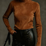 Long Sleeves Solid Color Split-Joint Mock Neck T-Shirts Tops