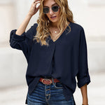 Nadorine V-Neck Long Sleeve Buckle T-Shirt Plain Shirts Shirt Top Elegant Shirts Casual Slim Fit Basic