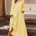 Loose Long Sleeve Dress V Neck Button Beach Sundress
