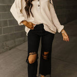 Smoke Green Waffle Patchwork Drop Sleeve Henley Top