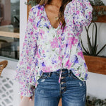 Nadorine Long Sleeve Boho Drawstring Floral Print V Neck Shirt Buttoned Blouse Casual Tunic Tops