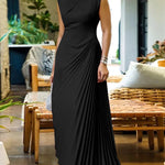 High Waisted Sleeveless Asymmetric Pleated Solid Color Mock Neck Maxi Dresses