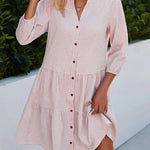 Plaid Print Shirt Dresses Button Up Split Neck Tunic Dress