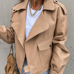 Stylish Leather Lapel Pocket British Style Cropped Jacket