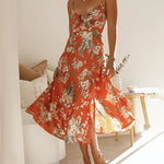 Spaghetti Strap Midi Dresses Sexy Deep V Neck Backless Floral Print Side Slit Maxi Dress