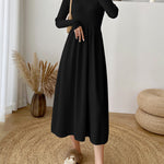 Long-Sleeve High Neck Plain Ribbed Midi A-Line Knit Dress
