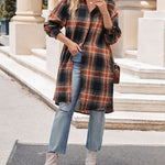 Nadorine Plaid Longline Button-Up Shacket Lapel Neck Long Sleeve Shirt Pocket