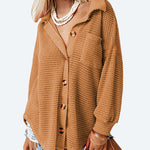 Nadorine Waffle Knit Button Down Shirt Long Sleeve Loose Solid Color Tops