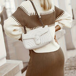 Nadorine Women's Casual Ribbed Two-piece Set, Color Block Knit Sweater & Solid Midi Sweater Skirts Outfits