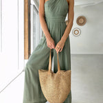 Straps Jumpsuits Romper One Shoulder Pleated High Waist Wide Leg Pansuits Casual Lounge Wear