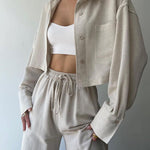 Two Piece Outfits Casual Lounge Sets Long Sleeve Short Casual Shirt with Drawstring Trousers Set