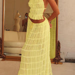 Versatility and Vintage Charm Pleated Drawstring Waist Tiered Maxi Skirt