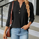 Solid Color V-Neck Buttoned Jacquard Loose-Fitting Long-Sleeved T-Shirt Top