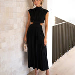 Stand Collar Solid Color Hollow Waist Long Dress
