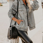 Loose Rivet Beading Ripped Cropped Denim Jacket