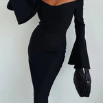 Solid Color Sexy Off-shoulder Trumpet Sleeve Slim Midi Dress
