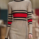 Long Sleeves Skinny Contrast Color Striped High Neck Midi Dresses Sweater Dresses