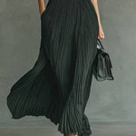 Elegant Pleated Lapel Waisted Long-sleeved Maxi Dress