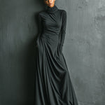 Women's Charcoal Elegant Stretch Polyester-Cotton Blend Turtleneck Draped Maxi Dress