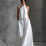 Women's Casual White Cotton And Linen Halter-neck Sleeveless Top And Skirt Set