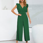 Nadorine Women's Casual Loose Jumpsuit V Neck Sleeveless Solid Ruffle Pleated Wide-leg Long Playsuit with Belt