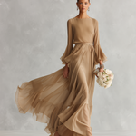 Women's Neutral Sheer Chiffon Dress With Bell Sleeves & Ruffled Skirt, Timeless Romantic-Luxe Style Dress