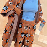 Mediterranean Art Knit Unique Sun Vortex Print Bell Sleeve Long Cardigan