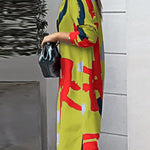 Loose Wrap Buttoned Contrast Color Pockets Printed Split-Side Shirt Dress