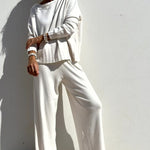 Elegant Two-piece Set Round Neck Sweater and Wide Leg Pant Outfits