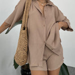 Nadorine Casual Two Piece Outfits Wrinkled Short Sleeve Button-Down Shirt and Shorts Set