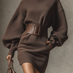 Women's Dark Brown Knitted All-match Mini Dress