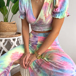 Floral Print V Neck Short Sleeves Crop Top Elastic Waist Wide Leg Pants Set