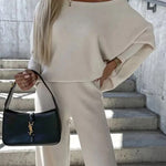 Solid Color Two Pieces Sets Off-shoulder Bat Sleeve Top Casual Wide Leg Pants Suit