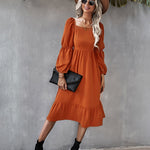 Solid Square Neck Bishop Sleeve Flounce Hem Dress