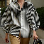 Long Sleeves Loose Buttoned Contrast Color Split-Joint Striped Lapel Blouses&Shirts Tops