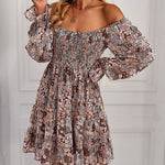 Ribbed Long Sleeve Chiffon Dress Crewneck Elegant Batwing Bohemian Floral Printed Dress