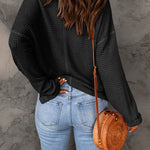 Dusk Blue Waffle Split V Neck Drop Shoulder Long Sleeve Top