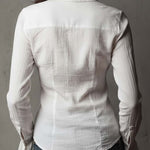 Vintage-Inspired White Button-Up Ruffle Cuff Shirt