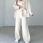 Elegant Three-pieces Knitwear Set Crop Vest Button Sweater Cardigant and Wide Leg Pant Outfits